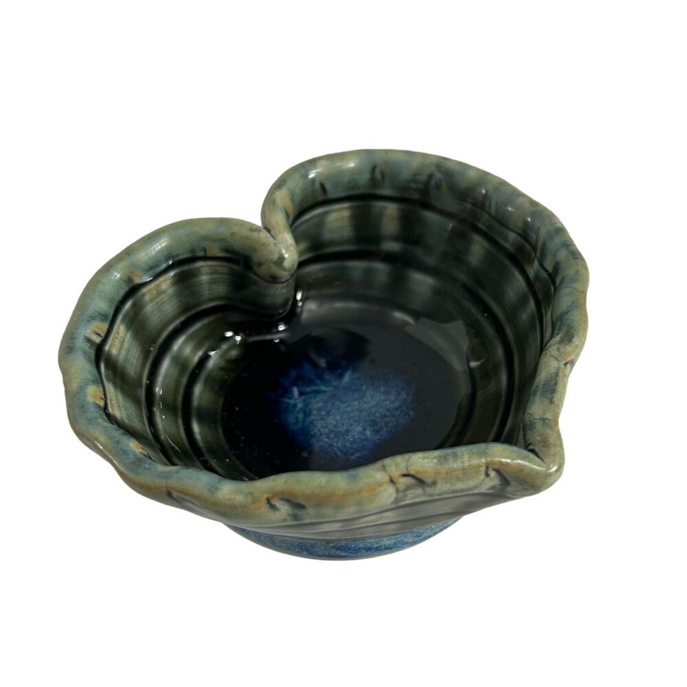 Art Pottery Heart Shaped Bowl Trinket Dish Green Blue Signed Angelina 2017